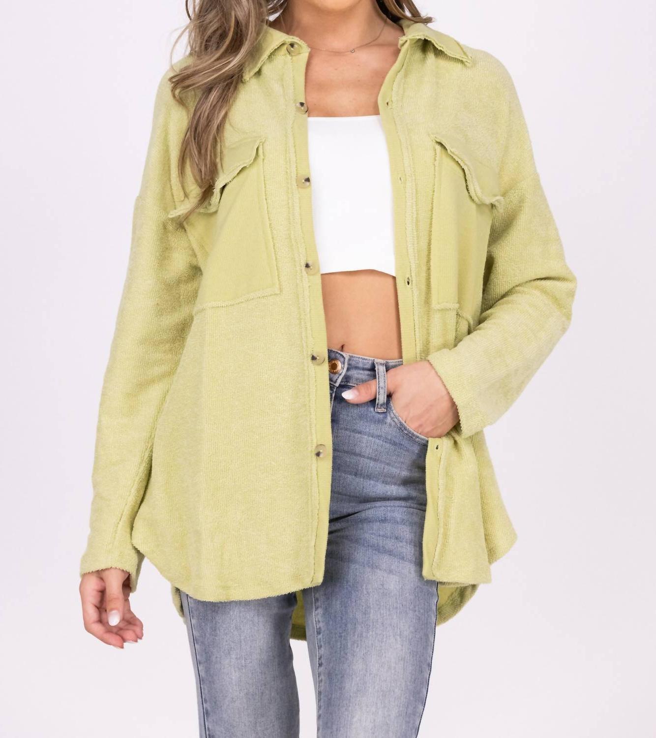 Bucketlist Oversized Textured Button Up Long Sleeve Top Olive - $37.00