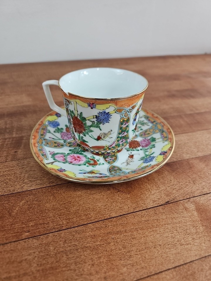 **READ** Vintage Chinese Rose Medallion Gold Plate Coffee Cup With Saucer - £11.28 GBP