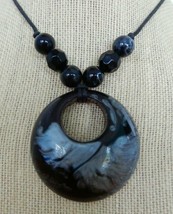 Fun black &amp; gray metallic swirl plastic bead &amp; pendant necklace on leather thong - £9.59 GBP