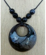 Fun black &amp; gray metallic swirl plastic bead &amp; pendant necklace on leath... - $16.64 CAD