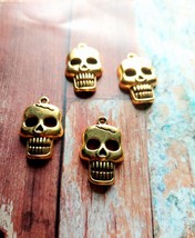 4 Skull Charms Antiqued Gold Pirate Pendants Gothic Skeleton Halloween Jewelry - £2.60 GBP
