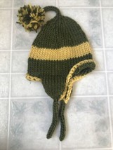Child Ear Flap Hat Green &amp; Gold Pom Pom Medium Weight six months - 2 yea... - $24.73