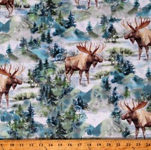 Cotton Moose Animals Forest Woods Pine Multicolor Fabric Print by Yard D479.91 - £12.74 GBP