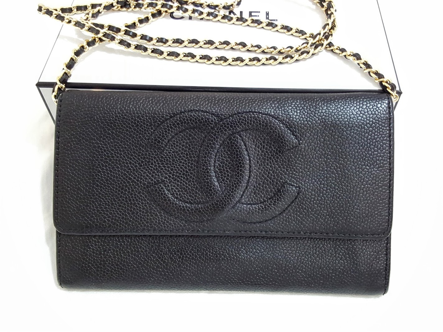 Auth CHANEL Timeless Black/Gold Caviar Skin Leather Large Flap WOC Crossbody Bag - $398.00
