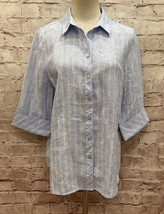 Chicos 0 Womens Shirt No Iron Linen Stripe Blue Veil Button Up 3/4 Sleeve Size 4 - £38.38 GBP