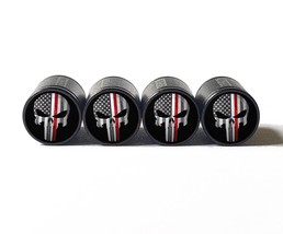 Punisher Firefighter Red Line Valve Stem Caps - Black, Aluminum - Set of Four - £12.78 GBP