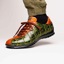 genuine alligator and ostrich quill fashion sneaker Saulo Green / Cognac image 6