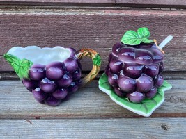 Vtg Lefton Hand Painted Grapes Jelly Jam Pot Spoon #3023 &amp; Creamer - £31.11 GBP