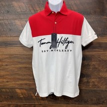 Tommy Hilfiger Polo Shirt Men Small Slim Colorblock Red White Preppy Authentic - £26.33 GBP