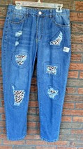 Distressed Leopard Patch Blue Jeans Size 8/10 Medium Stitching Button Fl... - £6.12 GBP