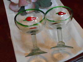 * 2 Hand Blown Margarita Glasses With Red Chili Peppers 6 Inch Tall Thic... - $29.00