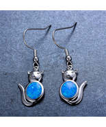 Blue Opal &amp; Silver-Plated Cat Drop Earrings - £13.46 GBP