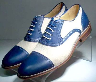 Oxford Formal Men Shoes Blue White Cont Genuine Leather Laceup Cap Toe Handmade