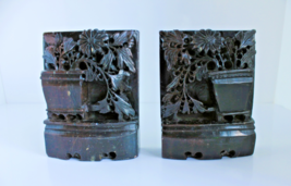 Chinese 1920s Vase and Floral Design Hand Carved Dr. Brown Soapstone Boo... - $28.87