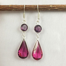 Solid Silver Pear Shape  Ruby &amp; Amethyst Gemstone Earrings BES-1105 Women Gift - £14.96 GBP