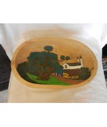 Wooden Folk Art Hand Carved Oval Fruit Bowl With Church and Tree Scene B... - $57.00