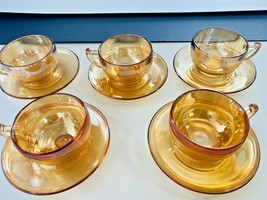 Vintage Jeanette Marigold Carnival Glass Iridescent Camellia 5 Teacups/Saucers - £55.38 GBP