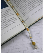 Skull Rose Beaded Thong Bookmark Howlite Rhinestone Handmade White Yello... - $18.80