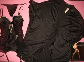 Victoria&#39;s Secret 34C GARTER SLIP corset+O/S thong+ROBE SATIN Black crys... - $169.99