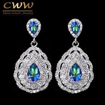 CWWZircons Classic Womans Earings Jewelry Blue Rainbow Fire Crystal Drop Dangle  - £17.63 GBP