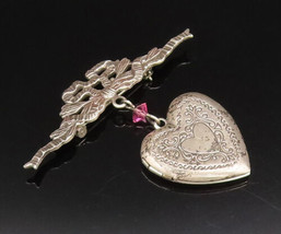 925 Silver - Vintage Etched Love Heart Photo Locket &amp; Quartz Brooch Pin-... - $47.31