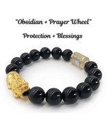 Obsidian Crystal Bracelet with Gold Brave Troops and Prayer Wheel Beads ... - $390.00