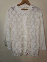 Vintage 70s Montgomery Ward Cardigan Sweater White Knit dots Lightweight SMALL - £15.07 GBP