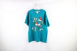 Vintage 90s Streetwear Womens Size Large Nature Bird Christmas T-Shirt Teal USA - £31.15 GBP