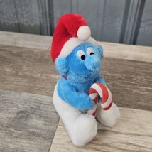 VTG Christmas Smurf w/ Candy Cane 5” Stuffed Plush 1982 Peyo Wallace &amp; Berrie Co - £9.16 GBP