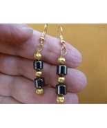 EE-351) 6x6mm cylinder Black hematite gemstone 2 bead gold wire dangle E... - $179.87 MXN