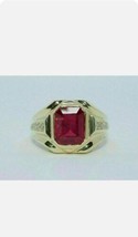 3Ct Simulated Emerald Cut CZ Ruby Solitaire Men&#39;s Ring 14K Yellow Gold Plated - £46.75 GBP