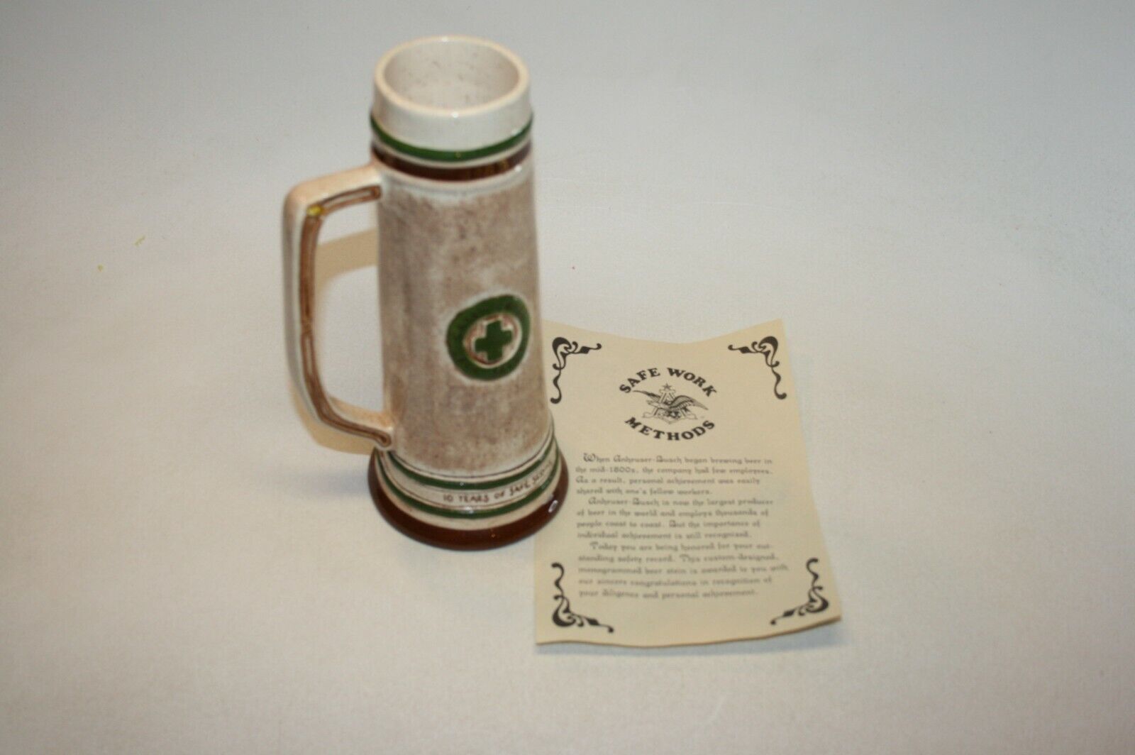 RARE 9" Anheuser Busch 10 Year Green Cross Safety Award Beer Stein 1988 Vintage - $178.19