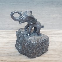 Miniature 1.5&quot; Pewter Elephant Figurine, Standing on. 5&quot; stone Raised Trunk VTG - £9.34 GBP