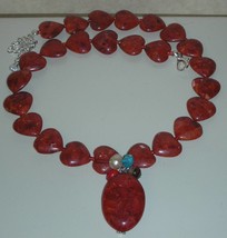 Genuine Natural Coral Hearts Stone  Beads Necklace - £78.69 GBP