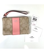 NEW Coach Corner Zip Wristlet Khaki Fuchsia Pink Signature Canvas/Leathe... - $53.34 CAD
