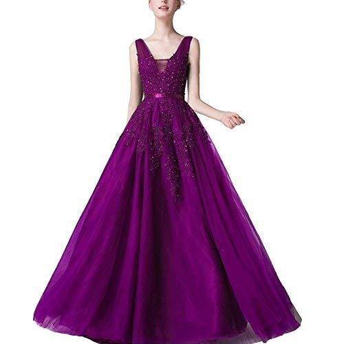 Kivary Plus Size V Neck Beaded Long Prom Dress Formal Tulle Evening Gowns Purple