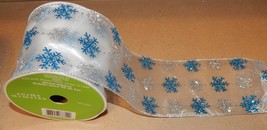 Ribbon Wired Bow-tique Celebrate It 4&quot; x 25ft Blue &amp; Silver Glitter Snow... - $5.49