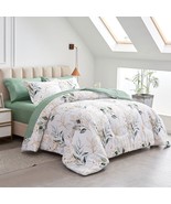 Joyreap 7 Pc. Bed In A Bag Queen, Green Leaves Printed On White Botanical - $59.97
