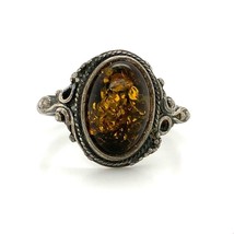 Vintage Signed Sterling Silver Victorian Design Oval Amber Stone Ring Band 7 1/2 - £30.29 GBP
