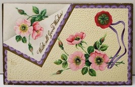 Good Wishes Pink Flowers Clover Gold Gild Faux Envelope Embossed Postcard E20 - £3.90 GBP