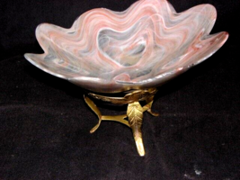 Decorative Glass Bowl on Solid Brass Stand 12.25  Hand Blowen swirled Pattern - £17.62 GBP