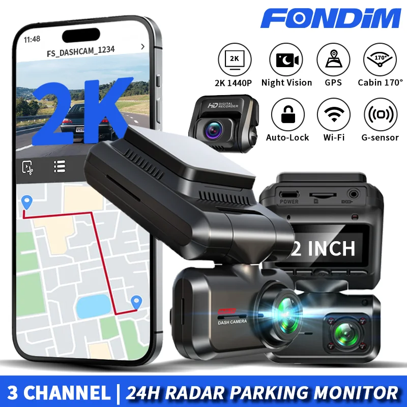 Fondim Gps Dash Camera For 3CH Car Dvr 4K Front+1K Cabin Cam With Rear Cam Auto - £146.69 GBP+