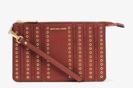 NWT Michael Kors Brooklyn Grommet Medium Wristlet in Brick $148 Leather &amp; Suede - £91.71 GBP