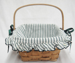 Longaberger 8&quot; Square Berry Basket Swing Handle Green Striped Fabric Liner 1991 - $14.10