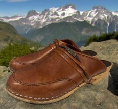 Vintage Women’s 6 37 Brown Swedish Clogs Wood Wooden Sole Mules Slip On - £31.64 GBP