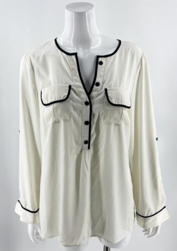 Alfani Top Size 12 White Black Button Up Roll Tab Sleeve Blouse Womens - $15.84