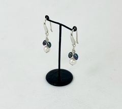 Black &amp; White Pearl Flower Dangle Earrings 925 Sterling Silver, Handmade Jewelry - £51.95 GBP