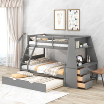 Twin over Full Bunk Bed with Trundle and Built-in Desk and Three Drawers Gray  - £715.07 GBP