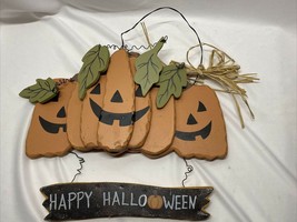 Rustic Country Hand Carved Wood 3D Happy Halloween Sign With Pumpkins - £15.92 GBP