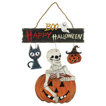 14.5&quot; Skeleton with Jack-O-Lanterns and Black Cat &quot;Happy Halloween&quot; Hanging - $61.99